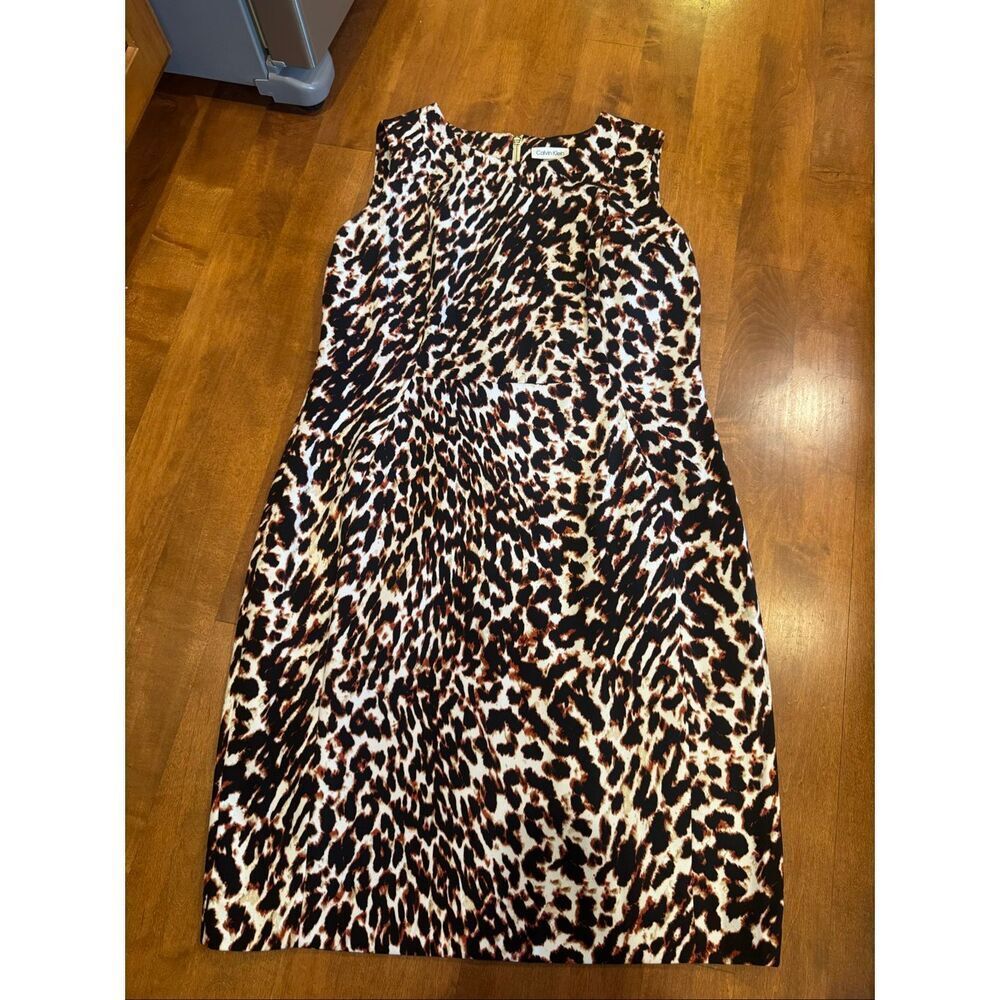 Calvin Klein Leopard Print Sheath Dress Women’s Size 16 Sleeveless Gold Zip Care